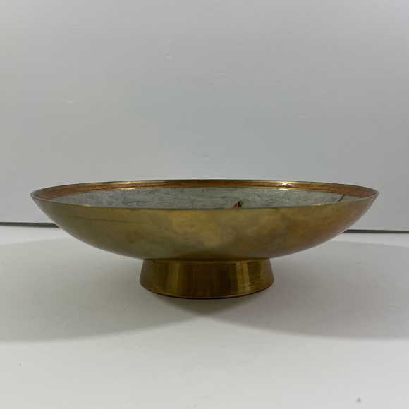 Vintage Hand Painted Enamel & Brass Decorative Bowl Cream Orange Green 9.5” - Picture 5 of 9